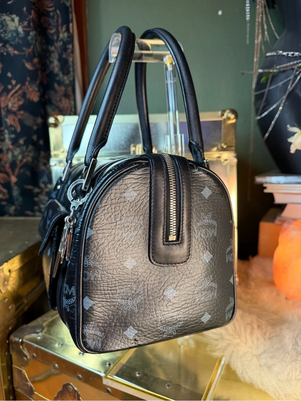 MCM Black Monogram Satchel Boston with Green-Silver-Orange MCM Charm